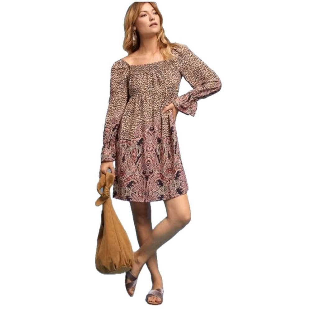 Anthropologie Maeve Milou Leopard Paisley Boho Babydoll Long Sleeve Mini Dress